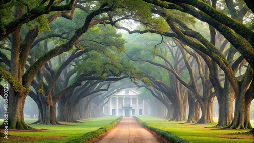 Misty morning in a macro greenwood plantation oak alley