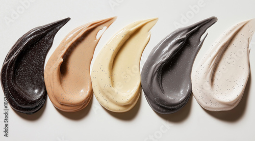 4 swatches of different types and colors of body exfoliating cream, on a white background: a light brown with black specks, a beige color with tiny silver glitter, a dark grey colo