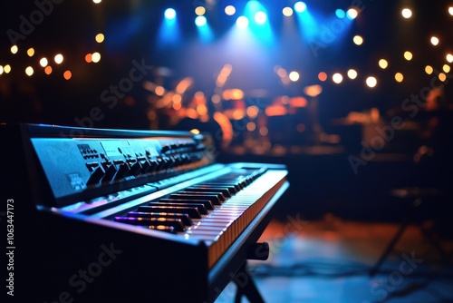 Synthesizer keyboard standing on stage during live concert music performance