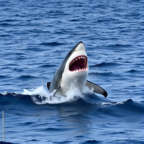 a photo image of a massive great white shark leaping out of the ocean's surface in a powerful breach