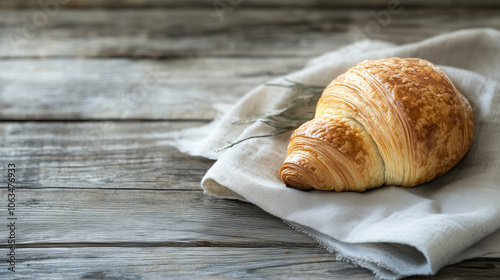 Francuski croissant, delikatnie umieszczony na lnianej serwetce na drewnianym stole. 