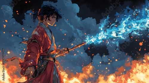 Vibrant Illustration of a Pyromaniac with a Flamethrower Surrounded by Dynamic Blue Flames Against a Dark Background