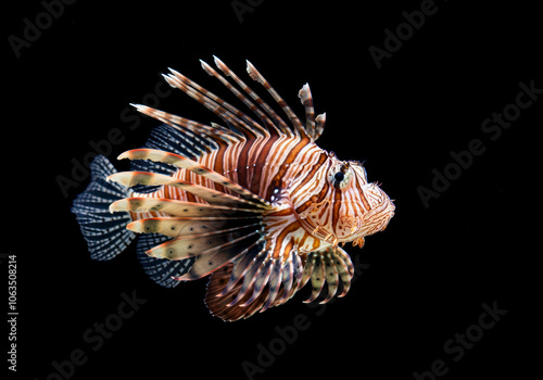 lion fish or lionfish Pterois volitans, a genus of venomous marine fish from the Indo Pacific characterized by conspicuous warning coloration of red or black bands, white background