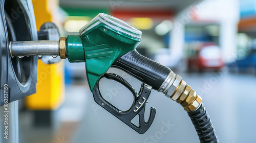 High resolution image of fuel nozzle at gas station, showcasing its design and functionality. nozzle is green, indicating its use for unleaded fuel, with blurred background of modern gas station