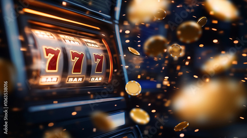 A high-energy shot of a slot machine hitting a 777 jackpot, with flying golden chips and coins lighting up the screen, symbolizing a thrilling online casino experience.