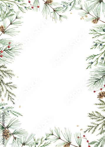 Christmas greenery fir branches frame. Borders for holiday greeting card and invitation. Watercolour Illustration. Hand painted winter plants. Xmas template.