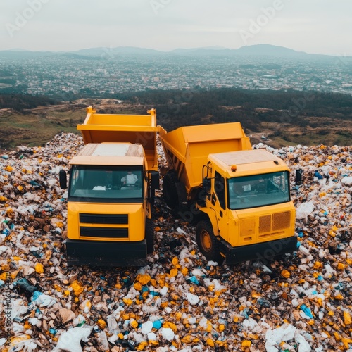 Two yellow dump trucks on a landfill site surrounded by waste.