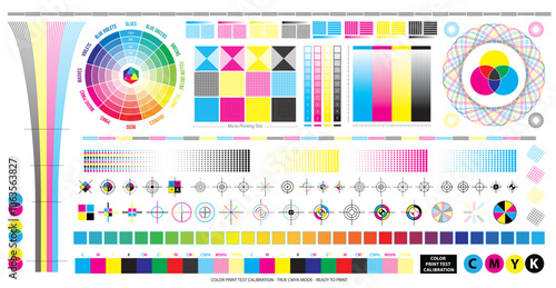 Set illustration of CMYK Print Test Calibration Chart for CTP Printing, with micro printing test.