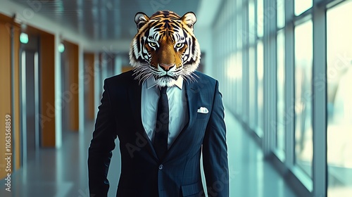 Tiger Businessman Striding Confidently Down Corporate Hallway Embodying Fearlessness and Ambition