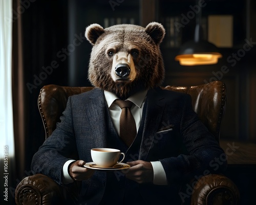 Commanding Ursine Executive Savors Tea in Luxurious Office Environment