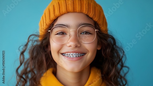 a girl wearing teeth braces on skyblue background