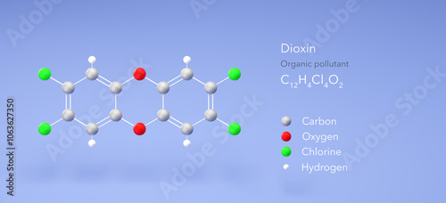 dioxin molecule, molecular structure, organic pollutant, 3d model, Structural Chemical Formula and Atoms with Color Coding