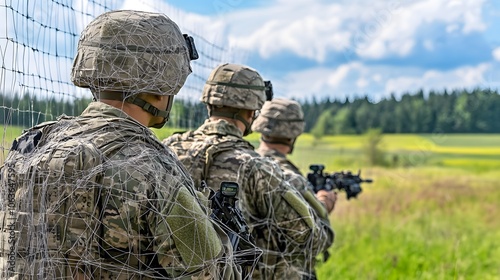 Lifestyle photo of soldiers coordinating a 3D robotic patrol with 2D enemy detection and tracking overlays, merging field tactics with digital tracking, 4k resolution