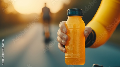 A cyclist holds a bright orange sports drink bottle against a blurred background, symbolizing hydration and energy during an outdoor activity.