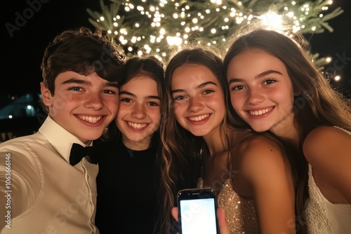 A group of formally dressed teenagers joyfully poses for a photo under a twinkling night scene, capturing the elegance and connections during a special occasion.