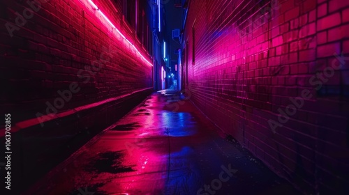 Neon lights and car headlights illuminating a dark alley giving it a mysterious and alluring feel.