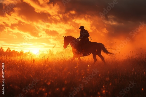 Horse rider trotting across field at sunset creating dust cloud