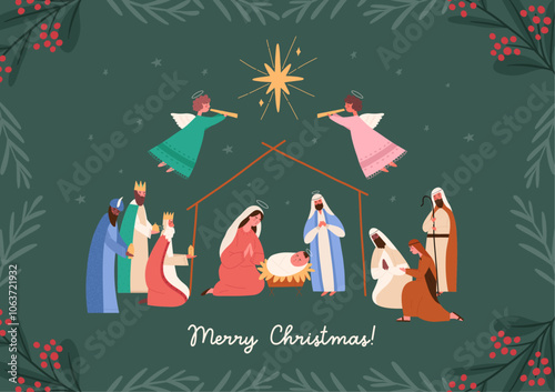 Horizontal Christmas greeting card with nativity scene, cartoon flat vector illustration. Baby Jesus with virgin Mary and Joseph, three shepherds and kings with gifts.