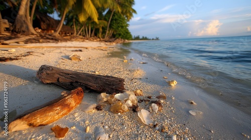 A serene beach with clear blue waters and scattered driftwood and shells captures the beauty and tranquility of a tropical paradise, evoking relaxation.