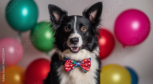 Cão pastor festivo em uma gravata borboleta com balões coloridos