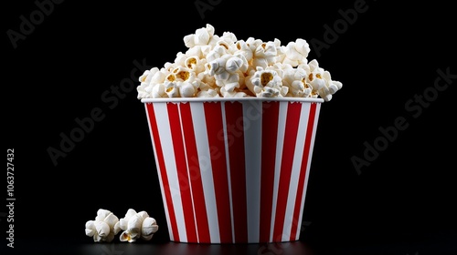 Movie Night Popcorn: A classic red and white striped popcorn bucket overflowing with fluffy, buttery popcorn against a dramatic black background. Perfect for movie nights, snack time.