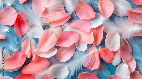 Soft pink petals and white feathers create a delicate and romantic arrangement on a blue background.