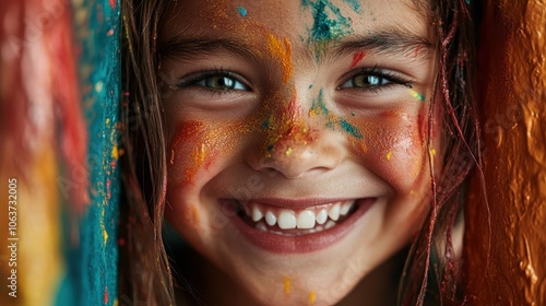 A close-up of a girl's face, painted with vibrant colors, expressing pure joy and creativity, capturing a moment of youthful exuberance and artistic freedom.