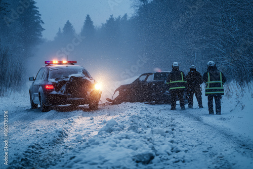 A car accident scene in a snowstorm, rescue workers and police struggling to attend to the incident in harsh weather conditions.