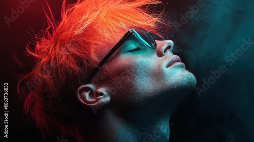 A tranquil profile shot of an individual with vibrant orange hair and sunglasses, exuding a sense of calmness and confidence amidst a dramatically lit background.