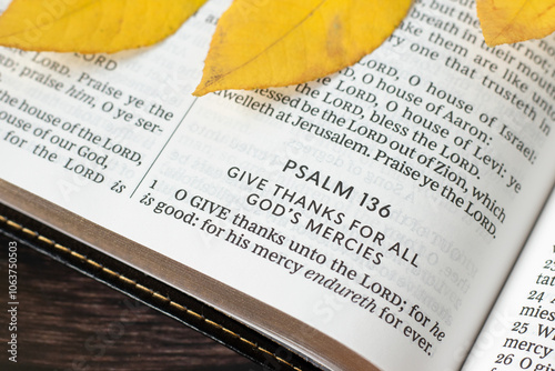 Psalm 136 for giving thanks to God Jesus Christ about His mercy and blessing in open holy bible book with autumn leaf. Close-up. Christian biblical concept.