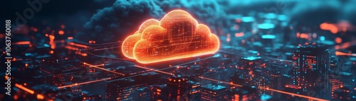 AI-powered smart city illuminated by a glowing cloud, data connections linking buildings, futuristic metropolis with vibrant neon colors, 3D visualization