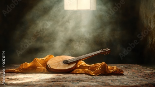 A mandolin is bathed in soft light, resting on a decorative and patterned surface, evoking a warm, serene, and peaceful ambiance.