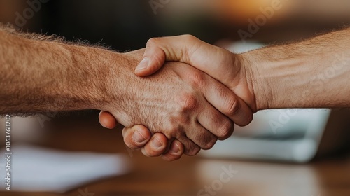 A detailed closeup of two hands shaking, representing a mutual agreement or partnership, and symbolizing trust, collaboration, and professionalism.