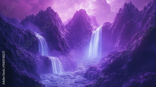 Three waterfalls cascade down a mountainside in a surreal landscape. The mountains are a deep purple, and the water is a bright blue, creating a stark contrast. 