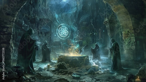 In a hidden chamber beneath an ancient castle a group of hooded figures gather around a large alchemical symbol muttering cryptic incantations and stirring a cauldron of bubbling liquid.