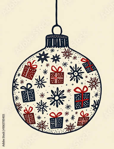 Vector illustration of a Christmas bauble decorated with intricate patterns of snowflakes and stars in various gift designs