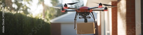 Drone delivering package in suburban area, modern technology con