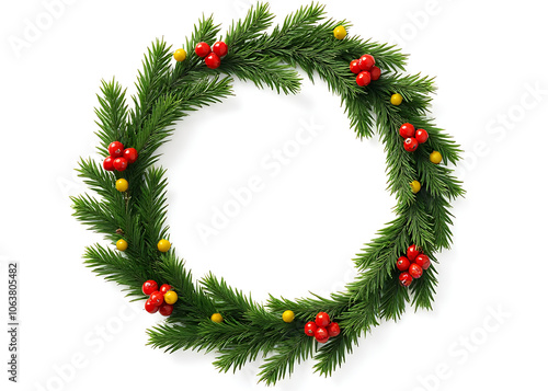 Evergreen fir tree and red and yellow berries on a Christmas frame wreath isolated against a white background