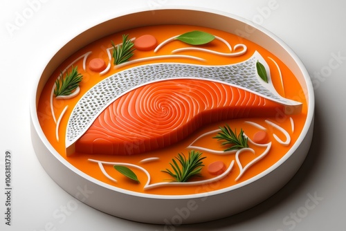 2D illustration of a fish marinating in a bowl, with clean, colorful lines and herbs floating in a bright sauce on a white background