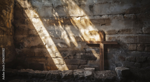 Luz do sol fluindo em parede de pedra rústica com cruz de madeira em igreja abandonada