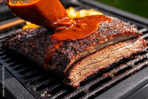 Close-up of basting brisket on a smoker with BBQ sauce, with dark, smoky crust and sweet, tangy glaze