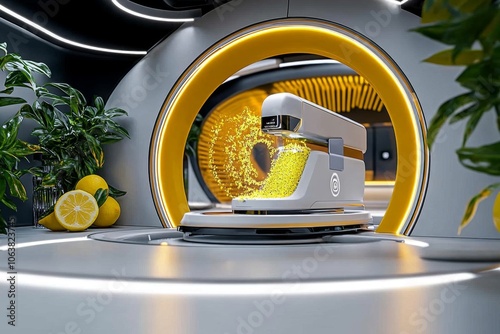 Futuristic kitchen scene with an automated zesting machine, grating lemon zest with laser precision in a sterile, modern space