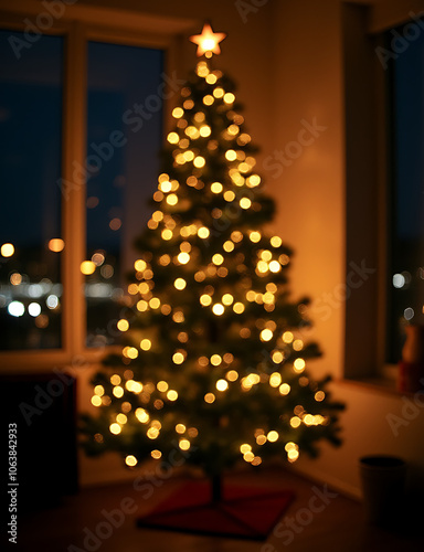 A warm and inviting image of a decorated Christmas tree seen from directly in front of it fills the frame