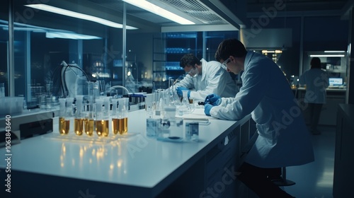 Scientists conduct experiments in a modern laboratory environment