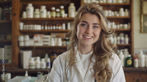 The image shows a smiling woman in a white lab coat, likely a pharmacist or healthcare professional, standing in front of shelves filled with medicine bottles and pharmaceutical products