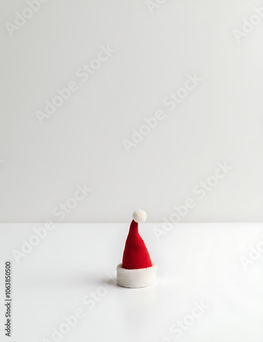 A small Christmas hat sits alone on a plain white surface in an otherwise empty environment