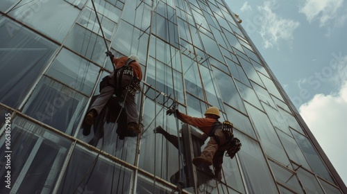 Two workers in harnesses clean a glass building’s facade under a clear sky, blending skill and precision with everyday urban life.