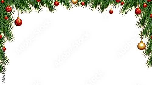 A festive Christmas tree frame with garland and ornaments is depicted in a seamless vector design against a white background