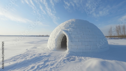 Tradycyjne igloo, wykonane z doskonale uformowanych bloków śniegu. Jego okrągły kształt i solidna konstrukcja pokazują doskonałe zrozumienie warunków środowiskowych.