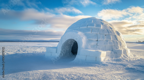 Tradycyjne igloo, wykonane z doskonale uformowanych bloków śniegu. Jego okrągły kształt i solidna konstrukcja pokazują doskonałe zrozumienie warunków środowiskowych.